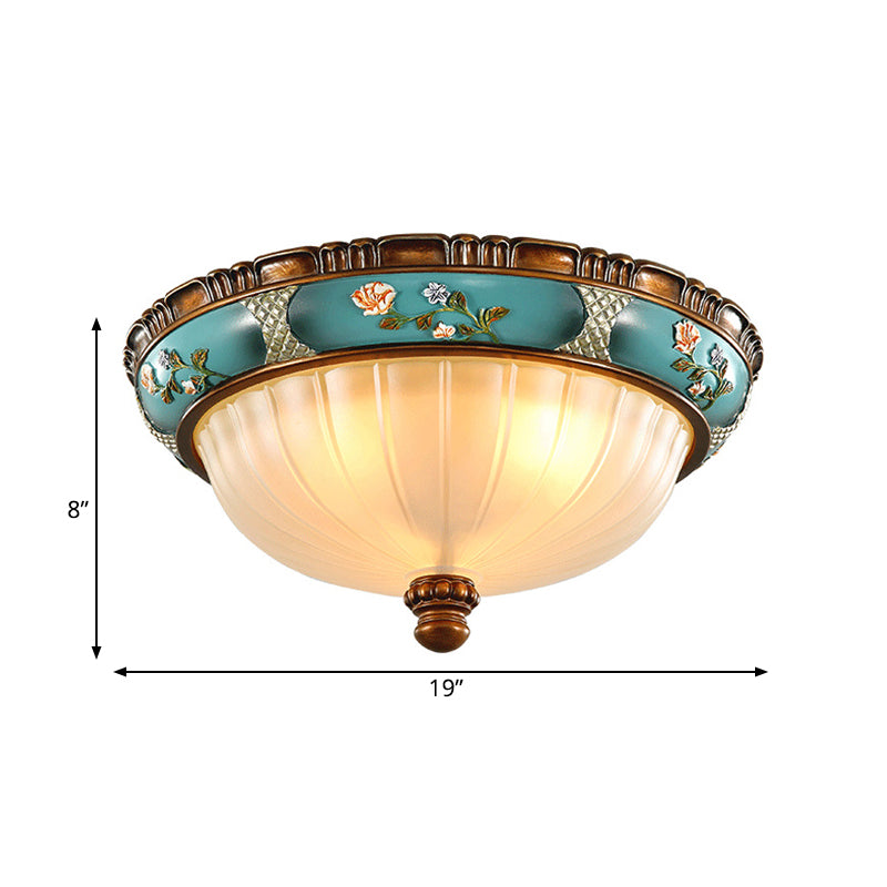 Green Retro Ribbed Glass Flush Mount Ceiling Light with Hemispherical Embossed Flower Design - 15"/19" Wide
