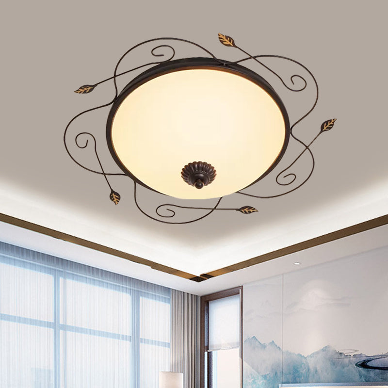 Ivory Glass Flushmount Ceiling Light with Twined Vines - 3-Head Dome Design, Rural Style - Black, 18"/25" W