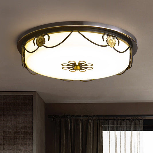 Rustic Black Round Bedroom LED Ceiling Light with White Glass – Flush Mount Lamp