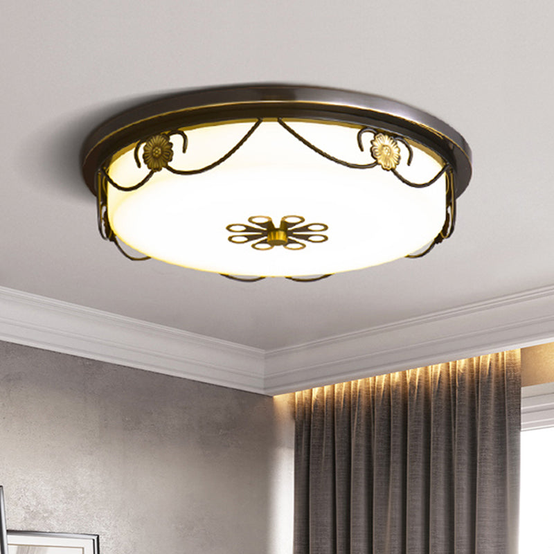 Rustic Black Round Bedroom LED Ceiling Light with White Glass – Flush Mount Lamp