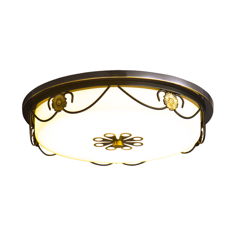 Rustic Black Round Bedroom LED Ceiling Light with White Glass – Flush Mount Lamp
