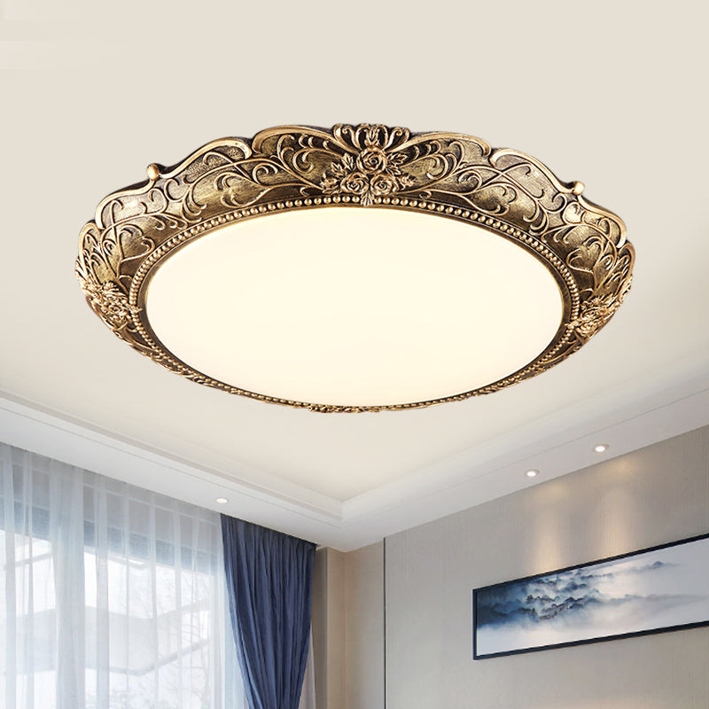 Farmhouse Resin Brass LED Flush Mounted Ceiling Light with Embossed Rose Trim, 18.5"/21" Diameter