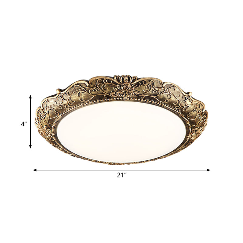 Farmhouse Resin Brass LED Flush Mounted Ceiling Light with Embossed Rose Trim, 18.5"/21" Diameter