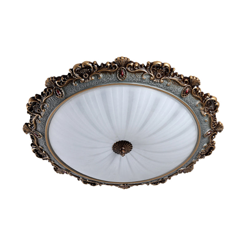Rustic Brass Scalloped Round Flush Mount Ceiling Fixture with Milk Glass - LED, 3 Sizes - Countryside Bedroom Lighting
