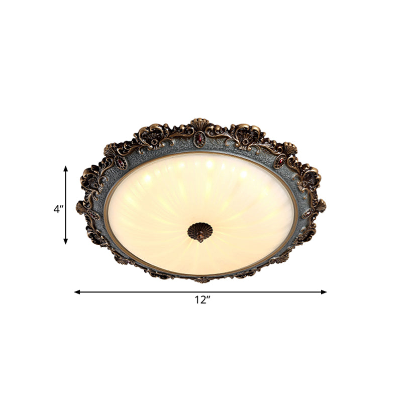 Rustic Brass Scalloped Round Flush Mount Ceiling Fixture with Milk Glass - LED, 3 Sizes - Countryside Bedroom Lighting
