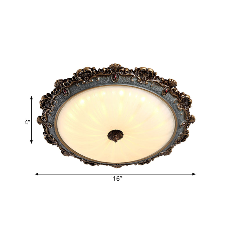 Rustic Brass Scalloped Round Flush Mount Ceiling Fixture with Milk Glass - LED, 3 Sizes - Countryside Bedroom Lighting