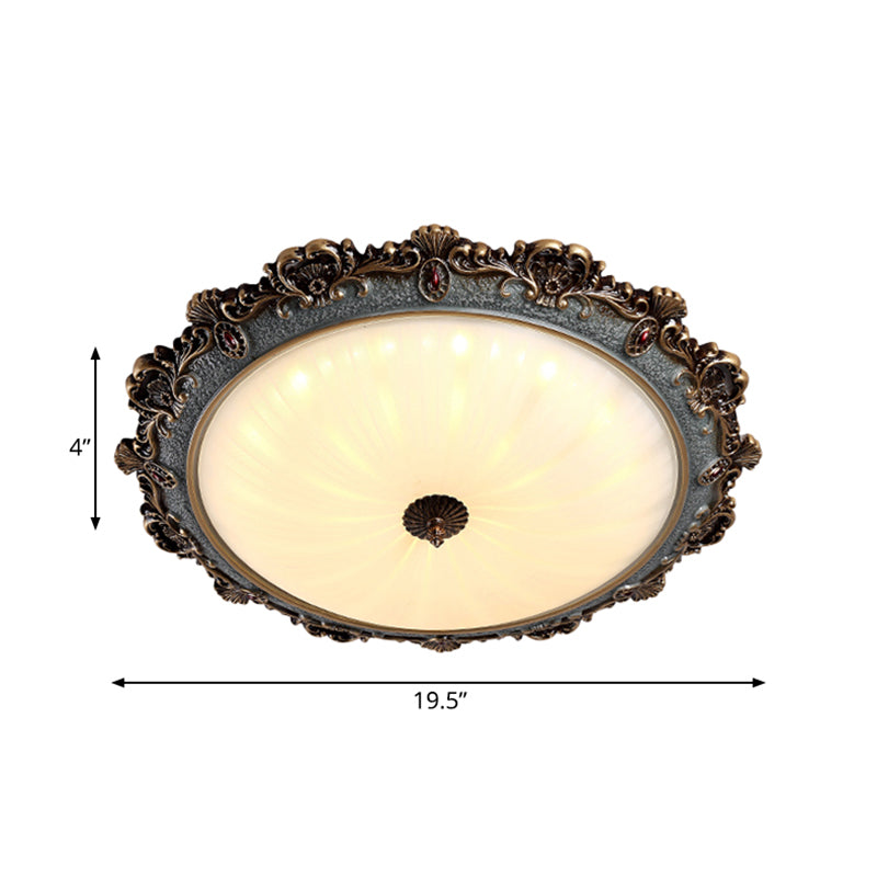 Rustic Brass Scalloped Round Flush Mount Ceiling Fixture with Milk Glass - LED, 3 Sizes - Countryside Bedroom Lighting