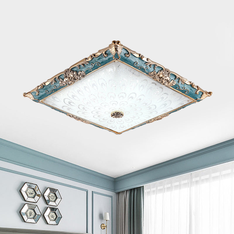 Green LED Flush Mount Ceiling Light with White Glass - Traditional Square Fixture, 16"/19.5" Width
