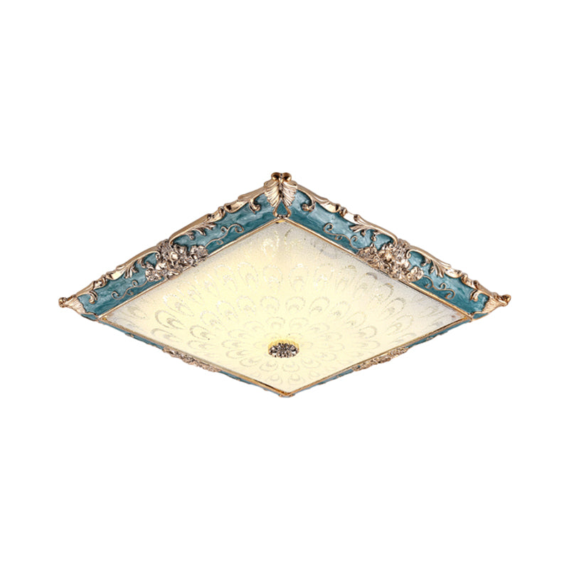 Green LED Flush Mount Ceiling Light with White Glass - Traditional Square Fixture, 16"/19.5" Width