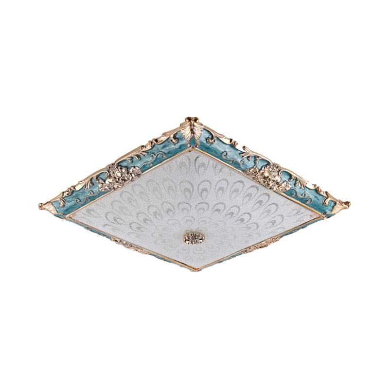 Green LED Flush Mount Ceiling Light with White Glass - Traditional Square Fixture, 16"/19.5" Width