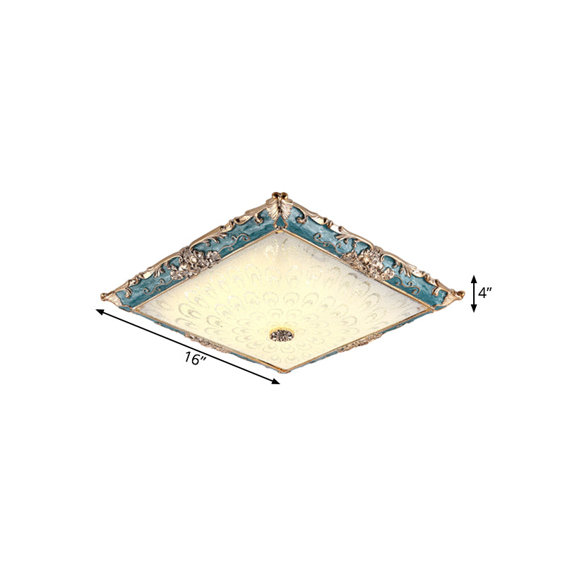 Green LED Flush Mount Ceiling Light with White Glass - Traditional Square Fixture, 16"/19.5" Width