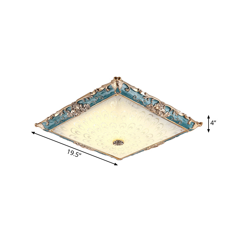 Green LED Flush Mount Ceiling Light with White Glass - Traditional Square Fixture, 16"/19.5" Width