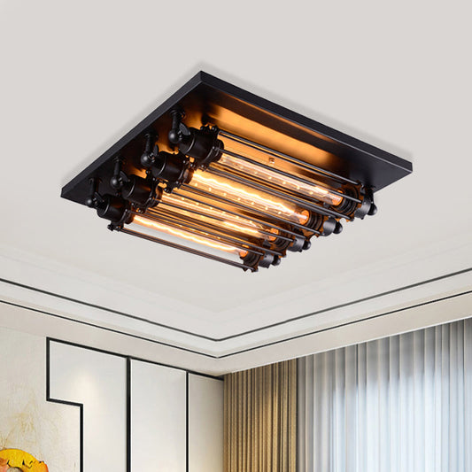 Industrial Black Square Ceiling Flush Mount Lamp with Clear Glass Tube - Perfect for Corridors, 4-Head Fixture
