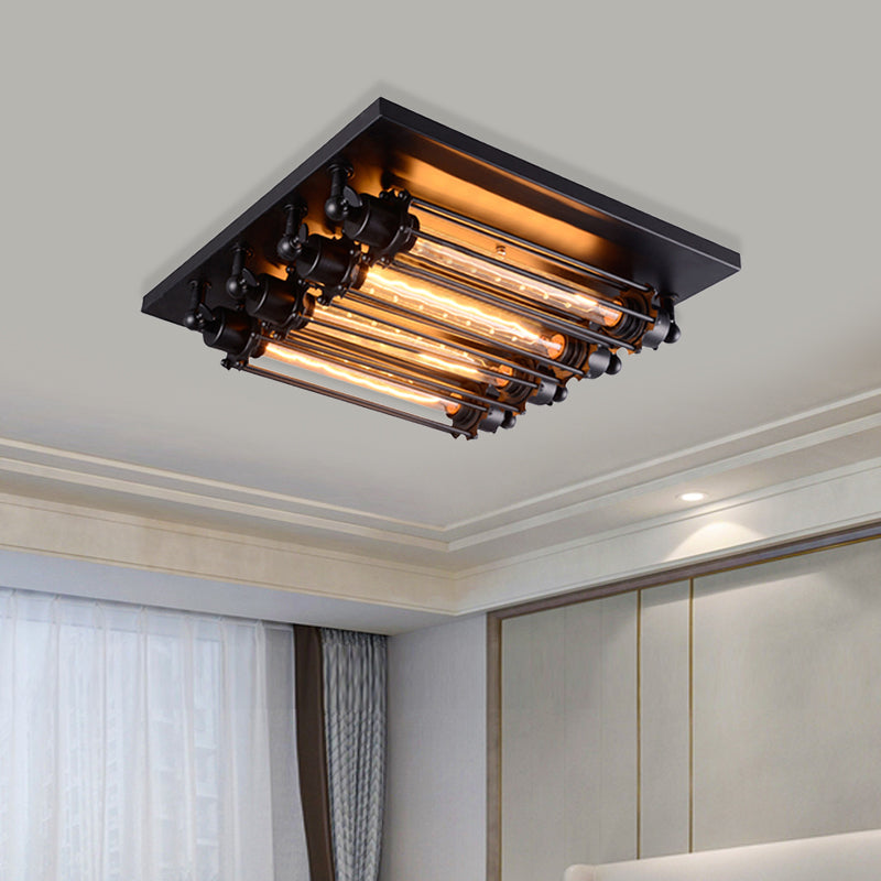Industrial Black Square Ceiling Flush Mount Lamp with Clear Glass Tube - Perfect for Corridors, 4-Head Fixture