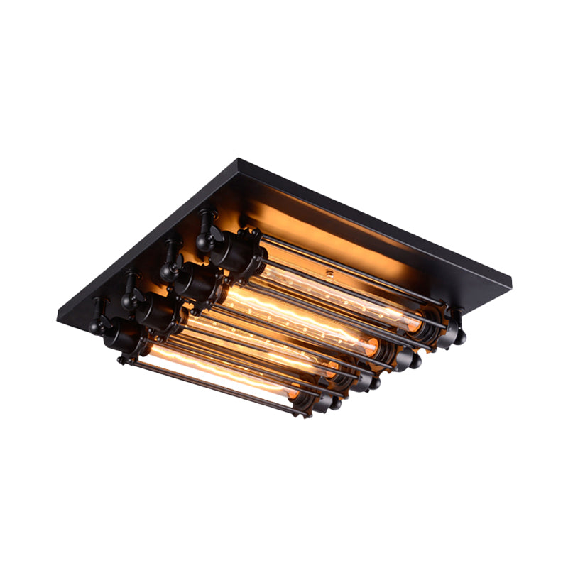 Industrial Black Square Ceiling Flush Mount Lamp with Clear Glass Tube - Perfect for Corridors, 4-Head Fixture