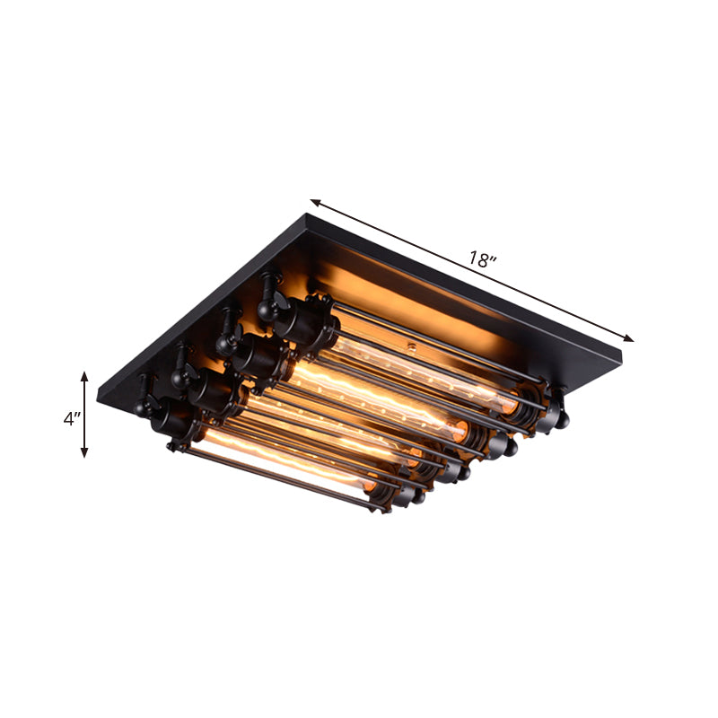 Industrial Black Square Ceiling Flush Mount Lamp with Clear Glass Tube - Perfect for Corridors, 4-Head Fixture