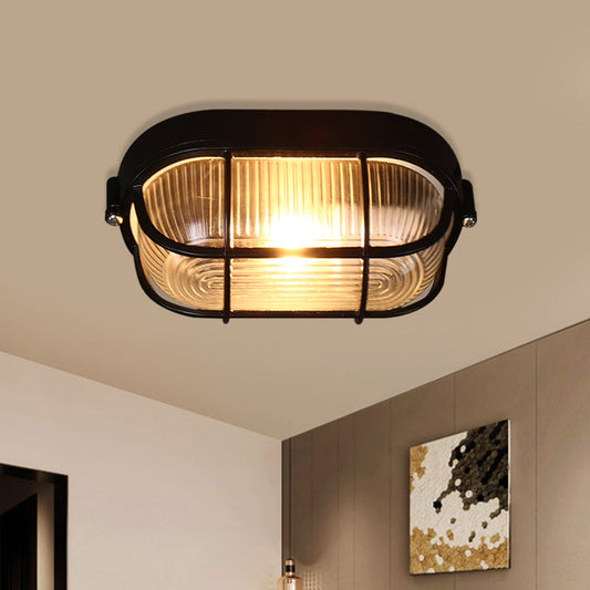 Black Ribbed Glass Ceiling Lamp with Wire Cage - Half-Capsule Mini Flush Light for Farmhouse, 1 Bulb