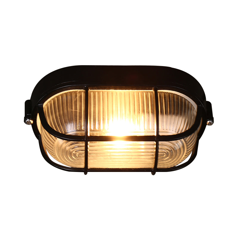 Black Ribbed Glass Ceiling Lamp With Wire Cage - Half-Capsule Mini Flush Light For Farmhouse 1 Bulb