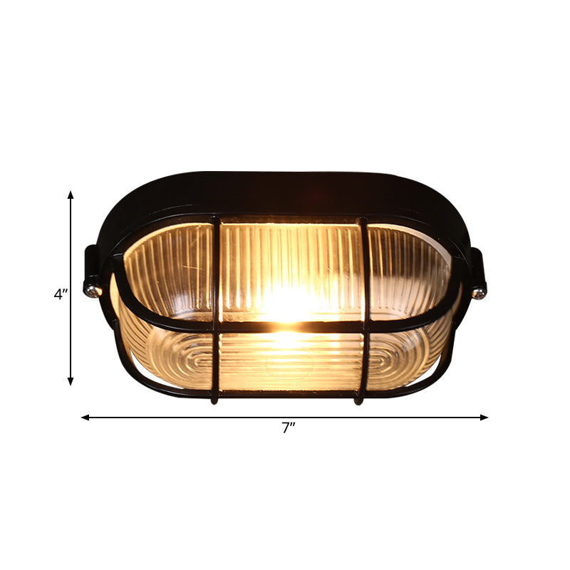 Black Ribbed Glass Ceiling Lamp with Wire Cage - Half-Capsule Mini Flush Light for Farmhouse, 1 Bulb