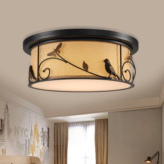 Black Fabric Drum Flush Mount LED Ceiling Light with Pastoral Scene Decor - Cottage Bedroom Flushmount Lighting