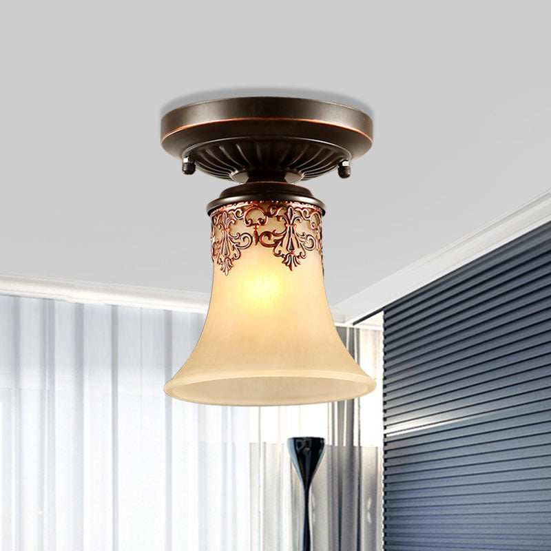 Trumpet Ceiling Light - Country Style, White Frosted Glass, Flush Mount Fixture