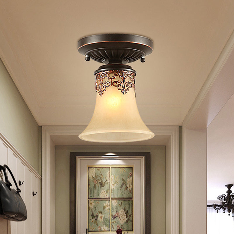 Trumpet Ceiling Light - Country Style, White Frosted Glass, Flush Mount Fixture