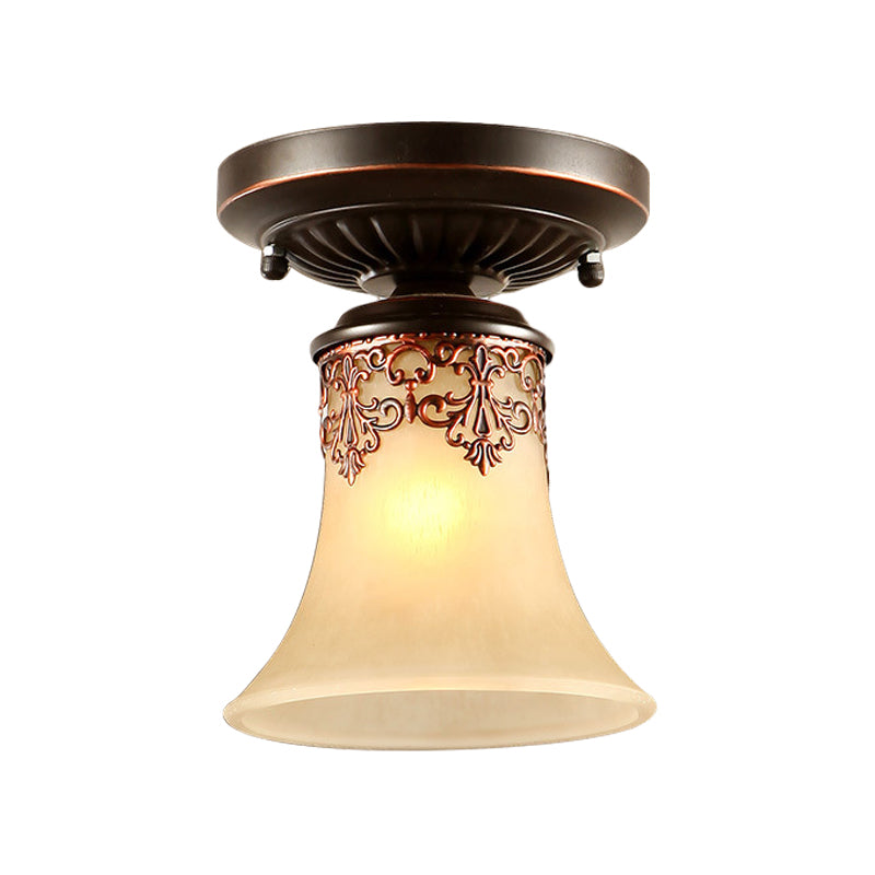 Trumpet Ceiling Light - Country Style, White Frosted Glass, Flush Mount Fixture