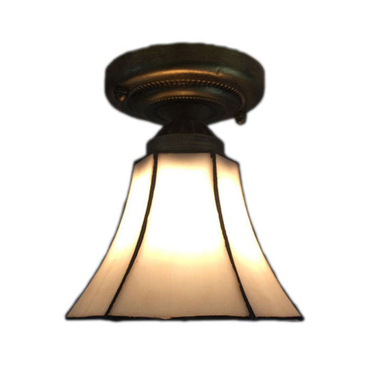 Small Antique Bronze Corridor Bell Ceiling Mount Light with Tiffany White Art Glass – 1 Head Ceiling Lamp