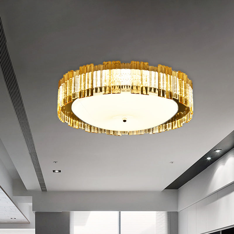 Contemporary Chrome Drum Flushmount Light with K9 Crystal Rectangle LED Fixture
