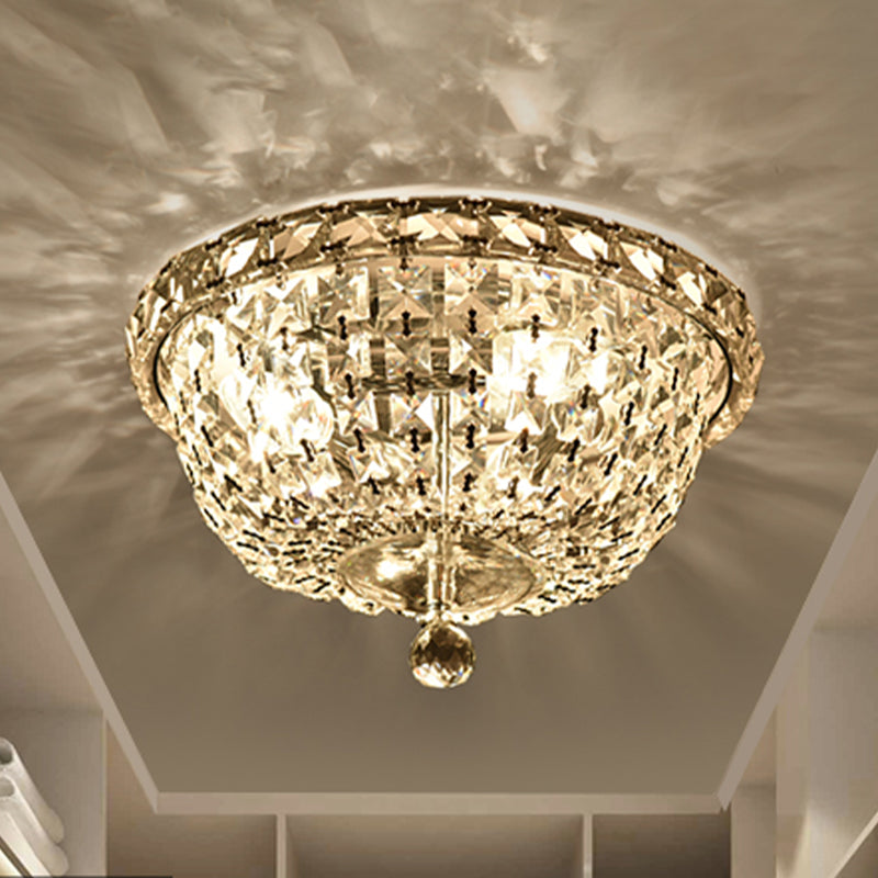 Modernist Crystal Ceiling Light Fixture - 3 Heads, Flush Mount, Bowl Shade