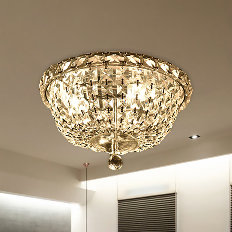 Modernist Crystal Ceiling Light Fixture - 3 Heads, Flush Mount, Bowl Shade