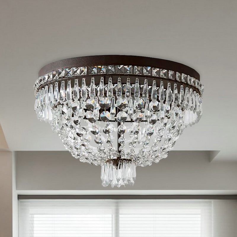 Traditional 3-Head Crystal Strand Basket Flushmount Ceiling Lamp in Black