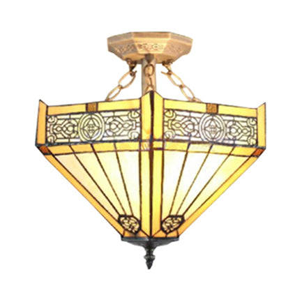 Retro Loft Beige Ceiling Fixture: Tiffany-Inspired Stained Glass Semi Flush Mount Light for Restaurants