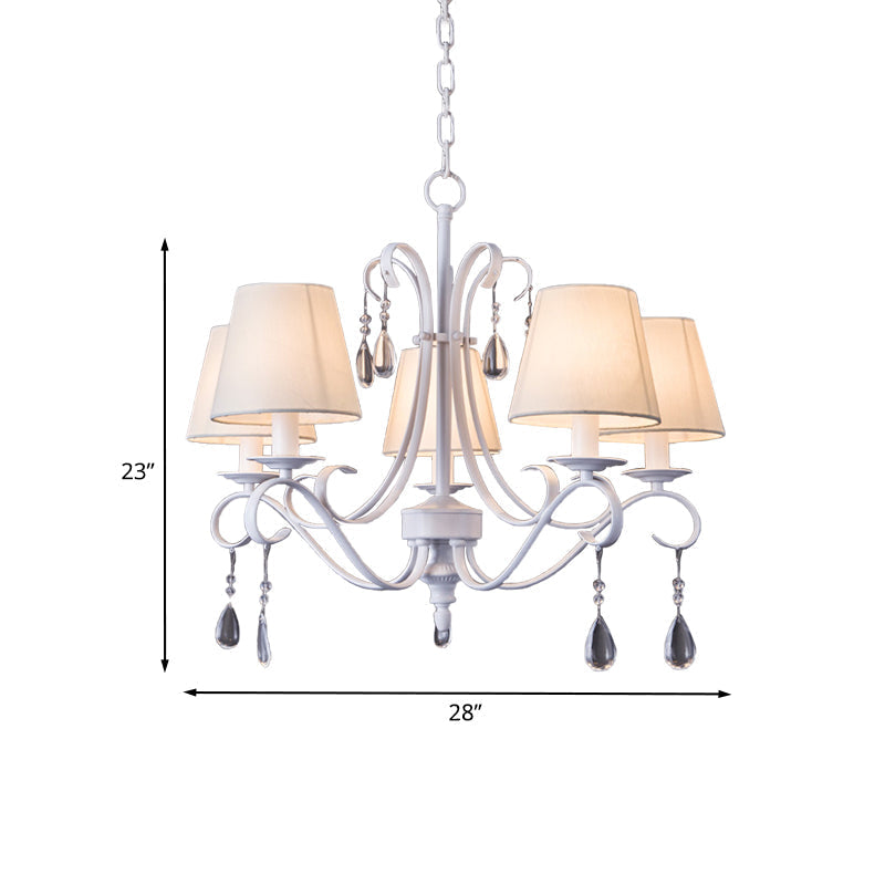 Suspension contemporaine blanche avec gouttes de cristal et abat-jour en tissu - Idéal pour chambre d'amis, 5 ampoules