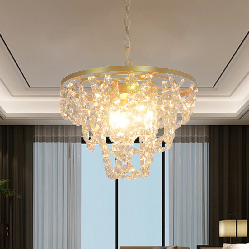 Lustre nordique doré avec prismes en cristal biseautés - Suspension à chaîne, 3 lumières