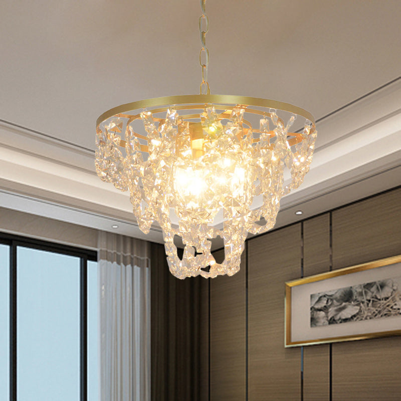Lustre nordique doré avec prismes en cristal biseautés - Suspension à chaîne, 3 lumières