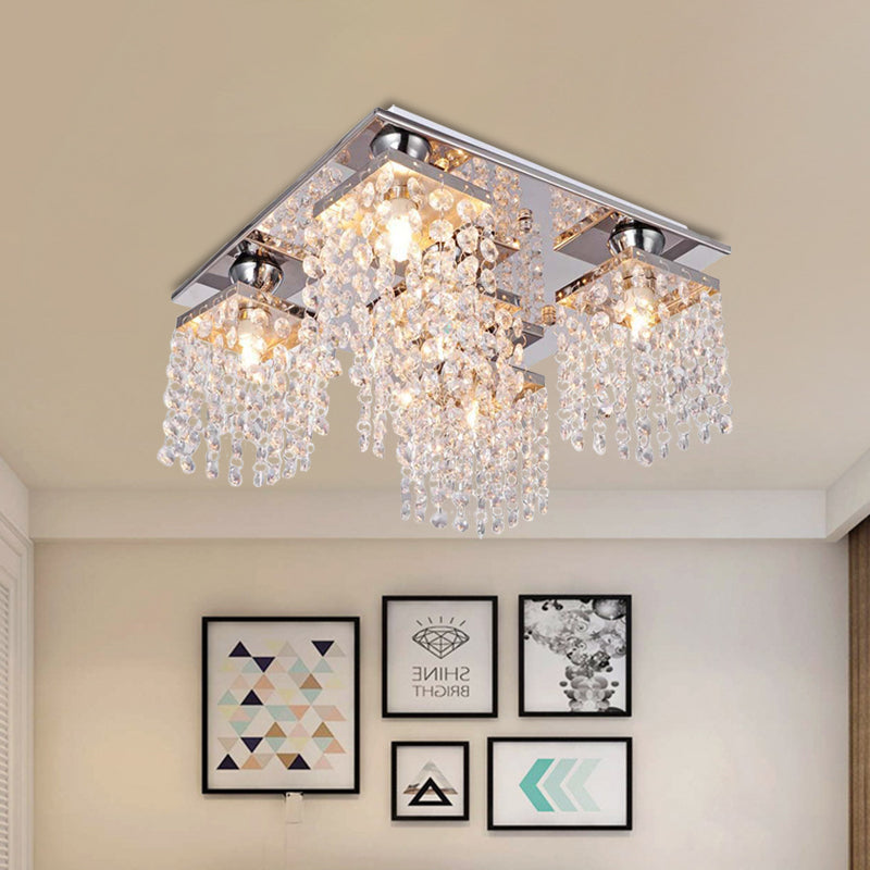 Plafonnier moderne à chaîne en cristal - Montage encastré à 4 lumières pour salon