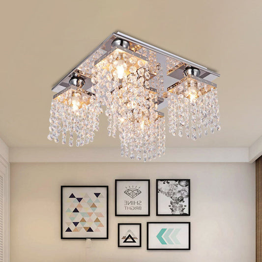 Modern Crystal Chain Ceiling Mount Light Fixture - 4-Light Flush Mount for Living Room