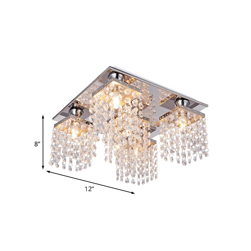 Plafonnier moderne à chaîne en cristal - Montage encastré à 4 lumières pour salon