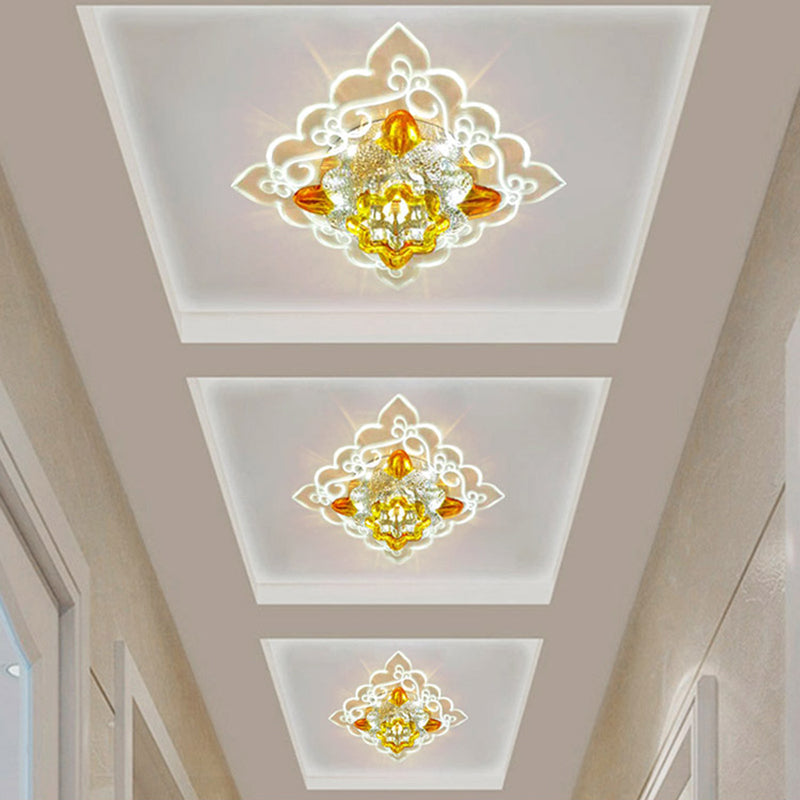 Contemporary LED Amber Beveled Glass Crystal Floral Flushmount Balcony Ceiling Light Fixture