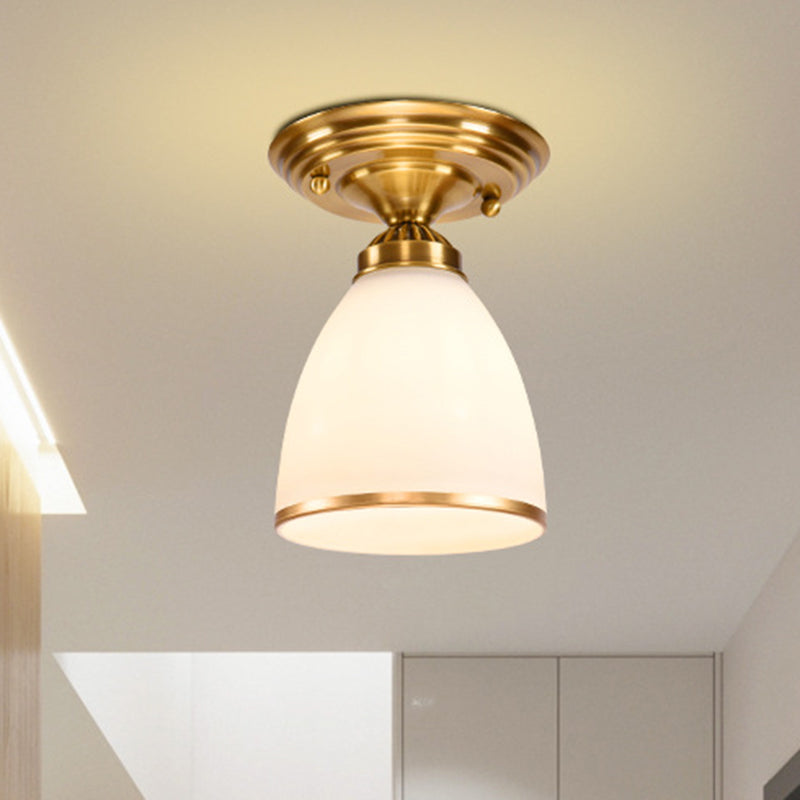 Classic 1-Light Glass Flush Mount Lamp in Brass - Globe/Cone Design for Corridor Ceiling Lighting