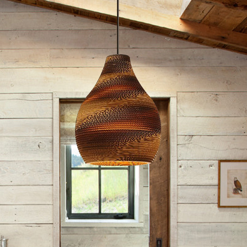 Asian Style Hanging Lamp - Paper Dome Shade Ceiling Drop Light (1 Bulb) in Brown for Restaurants - 10"/14"/16"/22" Diameter