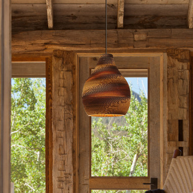 Asian Style Hanging Lamp - Paper Dome Shade Ceiling Drop Light (1 Bulb) in Brown for Restaurants - 10"/14"/16"/22" Diameter