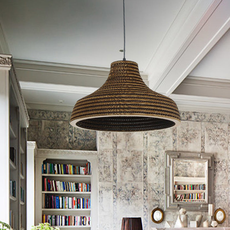Asian Style Hanging Lamp - Paper Dome Shade Ceiling Drop Light (1 Bulb) in Brown for Restaurants - 10"/14"/16"/22" Diameter