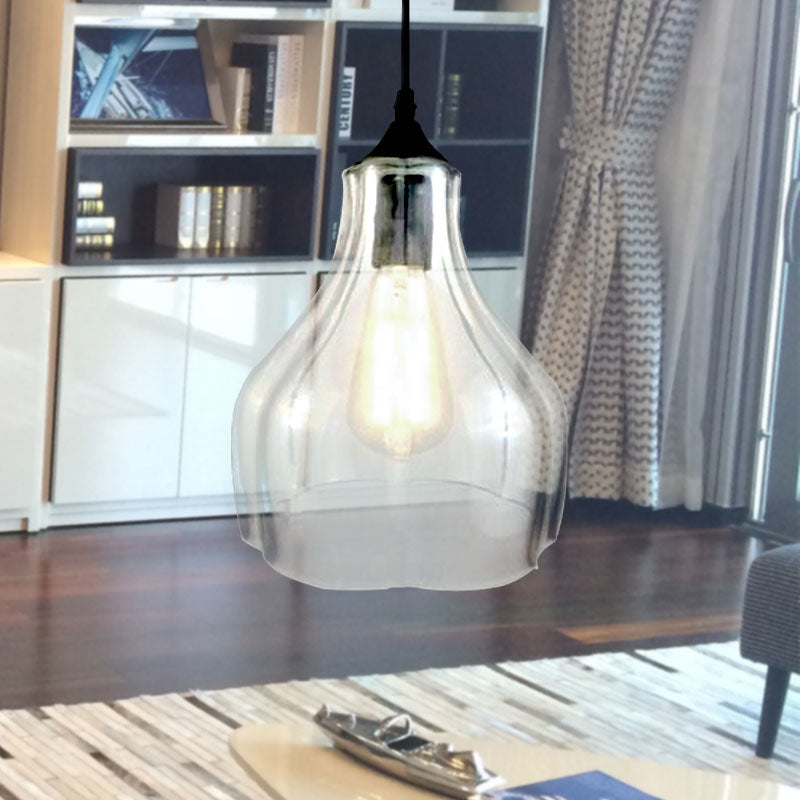 Contemporary Glass Gourd Suspension Pendant - 1 Light Black Hanging Lamp For Restaurants