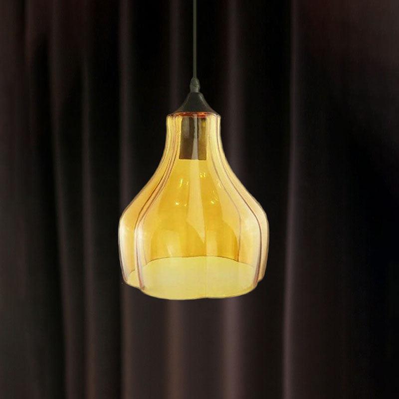 Contemporary 1-Light Yellow/Green/Clear Glass Gourd Suspension Pendant - Stylish Black Hanging Lamp for Restaurants