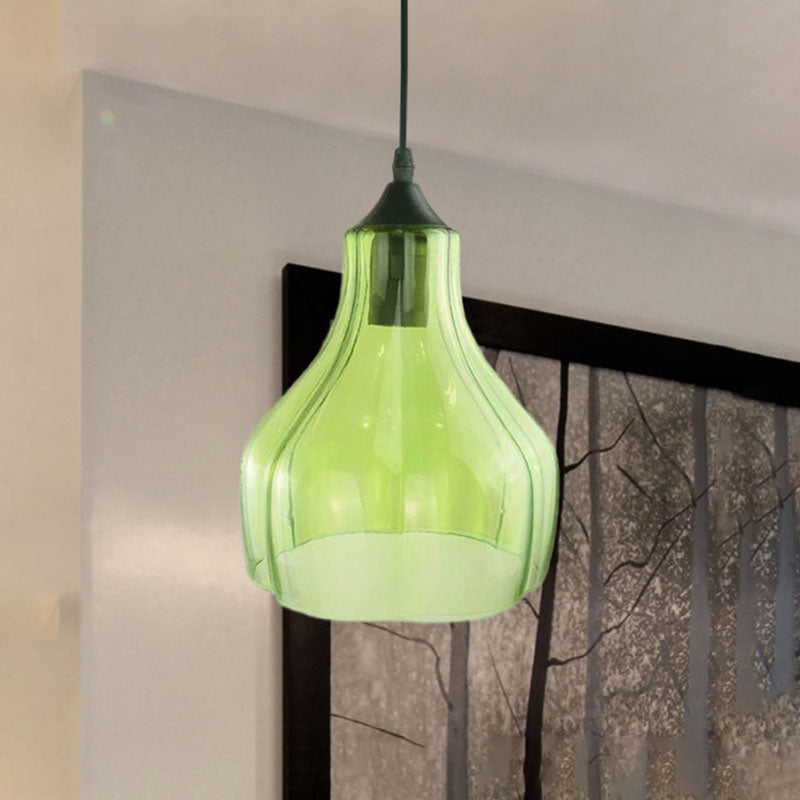 Contemporary 1-Light Yellow/Green/Clear Glass Gourd Suspension Pendant - Stylish Black Hanging Lamp for Restaurants