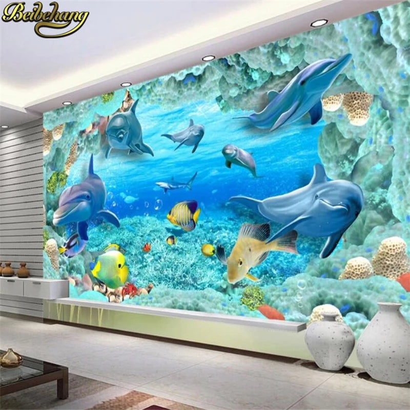 Bria Custom 3D Mural Wallpaper For Kids Underwater Dolphin Fish Wall Paper