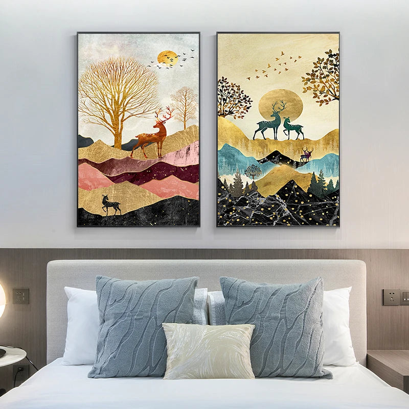 Michelle Golden Deer Landscape Canvas Poster Print