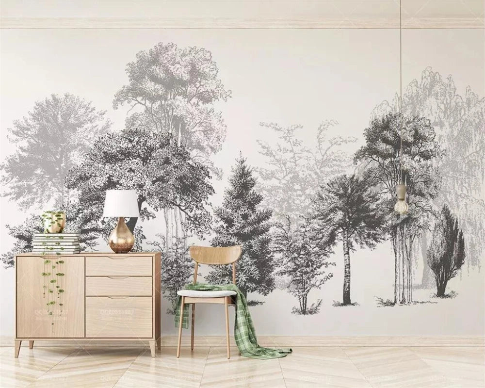 Custom 3D Black & White Tree Mural – Tropical Rainforest Self-Adhesive Wallpaper